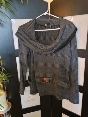 Frank Lyman Design Charcoal Cowl Neck Ribbed Sweater with Belt
